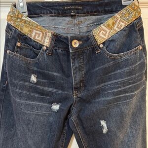 Signature Studio Blue Straight Leg Jeans Distressed Details Aztec design Western
